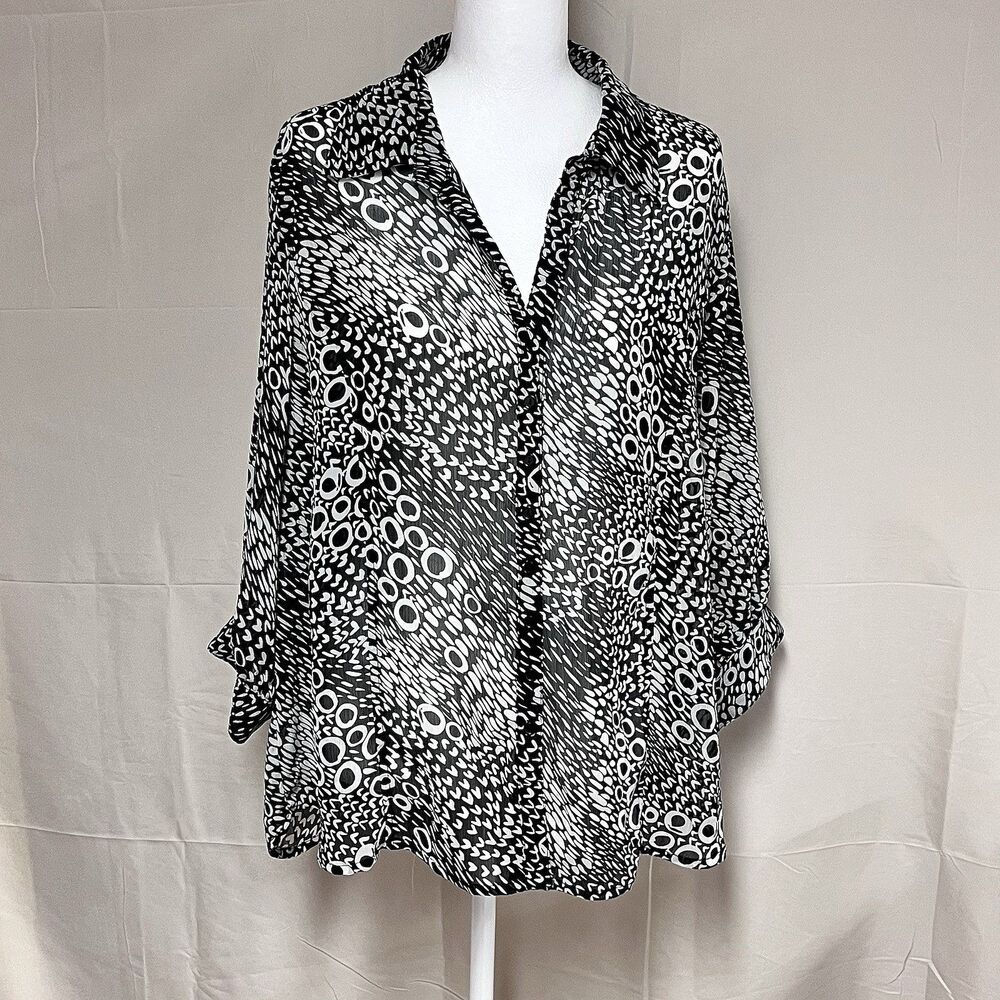 Sarah Bentley 1X Black Gray Abstract Print Blouse Tunic Top Workwear Travel